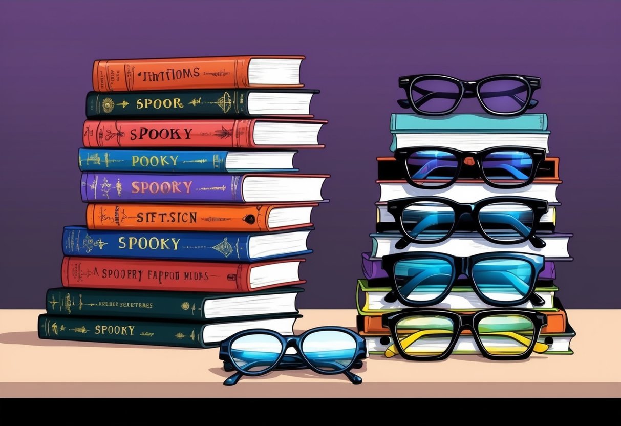 A table with a stack of spooky books and a variety of stylish glasses arranged next to each other