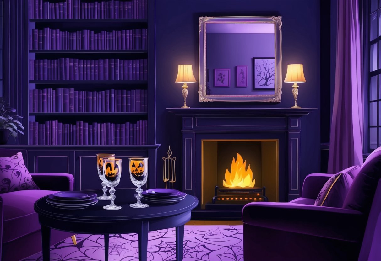 A cozy, dimly lit living room with shelves of spooky books, a crackling fireplace, and a table set with elegant, Halloween-themed glasses