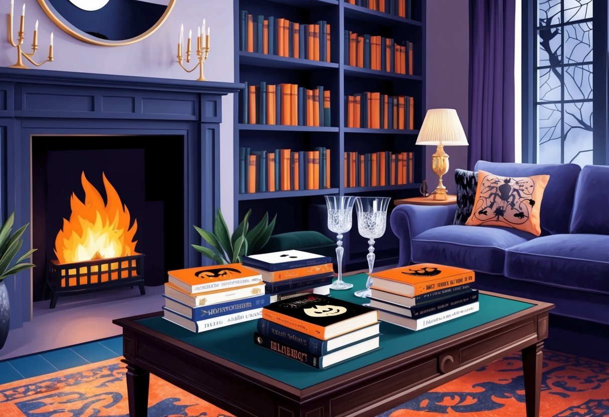 A cozy living room with a crackling fireplace, shelves filled with spooky books, and a table set with elegant glasses and a selection of Halloween-themed books