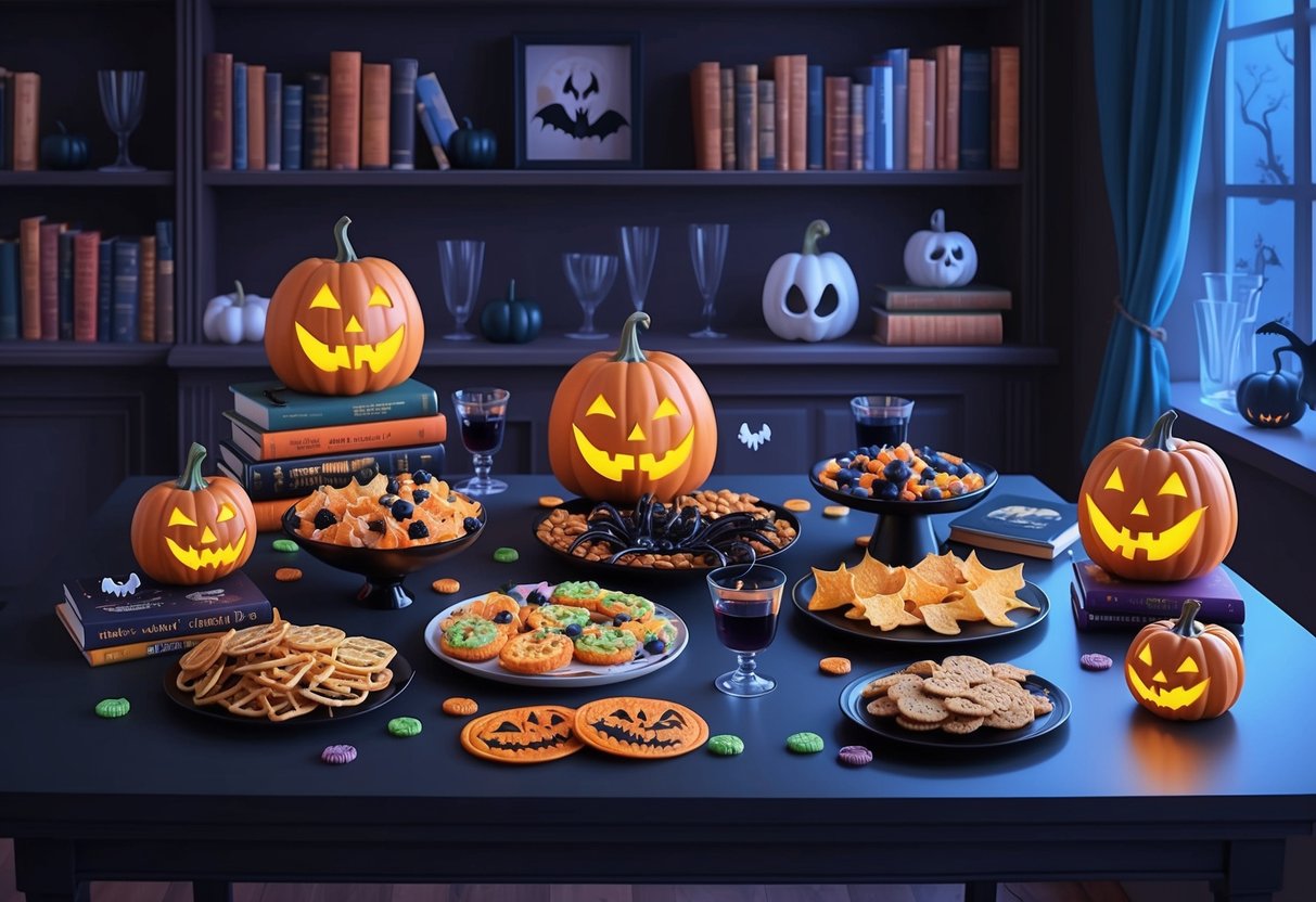 A table with a spread of spooky-themed snacks and drinks, surrounded by books and glasses in a cozy, dimly lit room