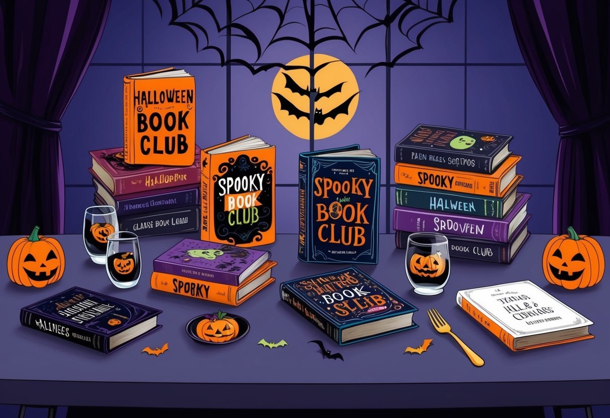 A table adorned with spooky books, glasses, and themed decorations for a Halloween book club parting gifts and memorabilia