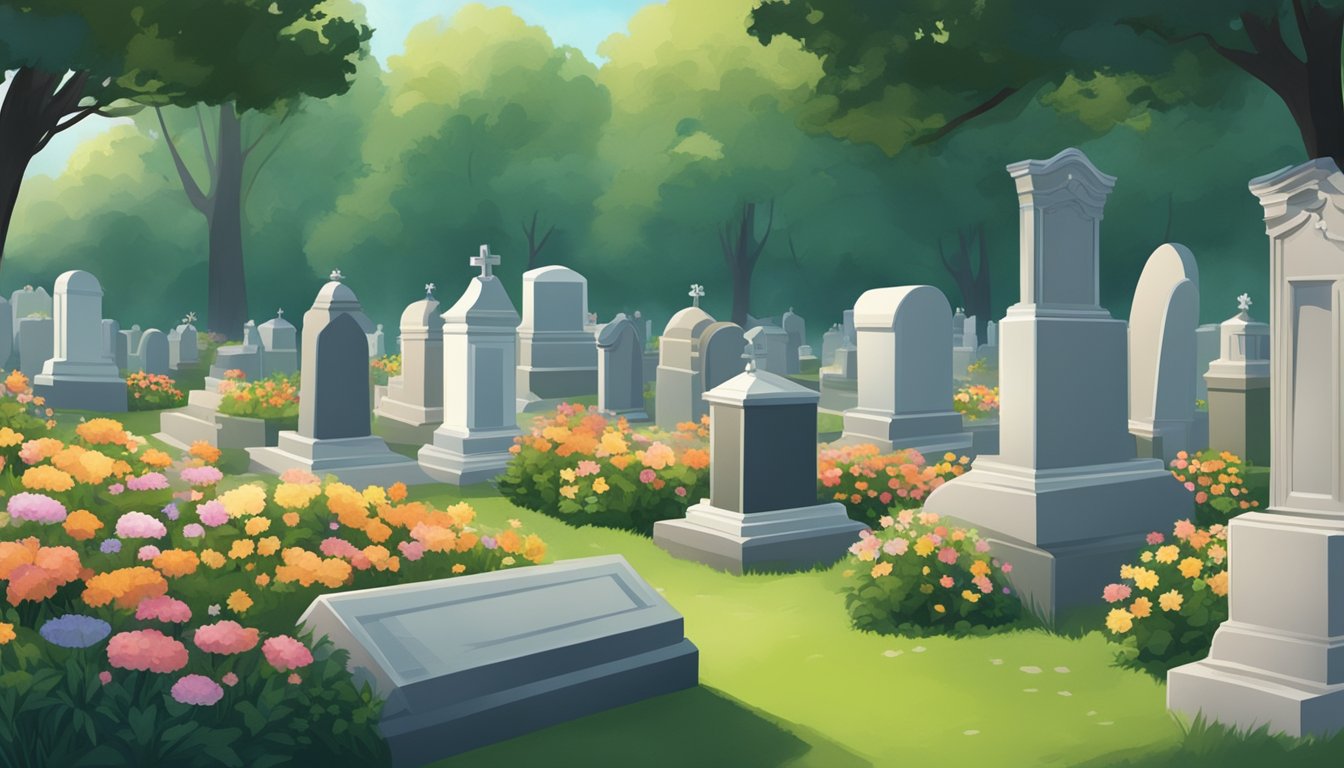 A serene cemetery with rows of burial plots, some adorned with headstones and flowers, surrounded by lush greenery and peaceful atmosphere