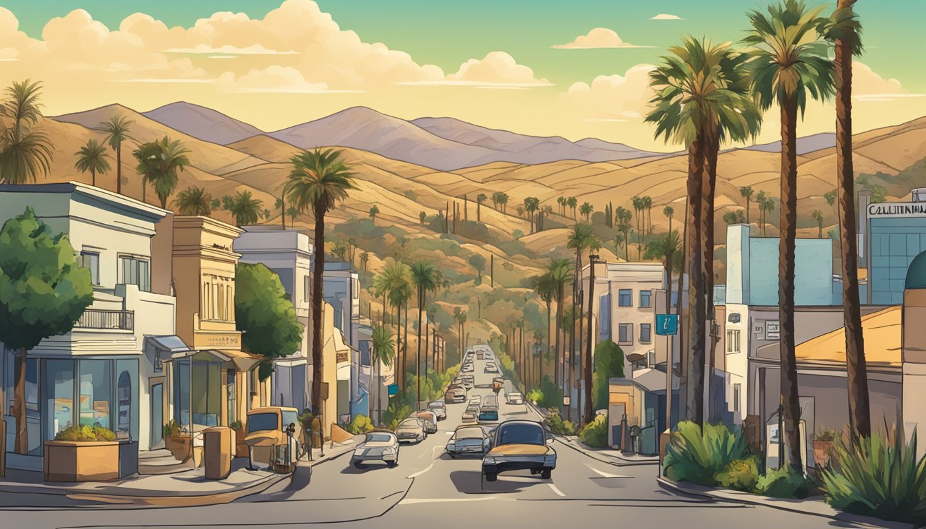 A bustling Los Angeles street with palm trees and a sign reading "California Burial Plot Brokers" against a backdrop of sunny skies and rolling hills