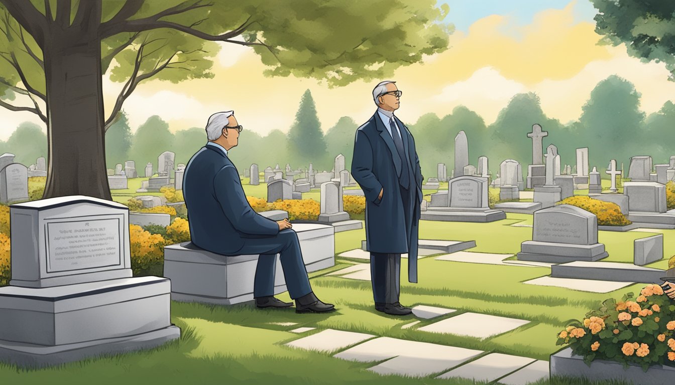 A burial plot broker discussing financial aspects with a client in a serene cemetery setting