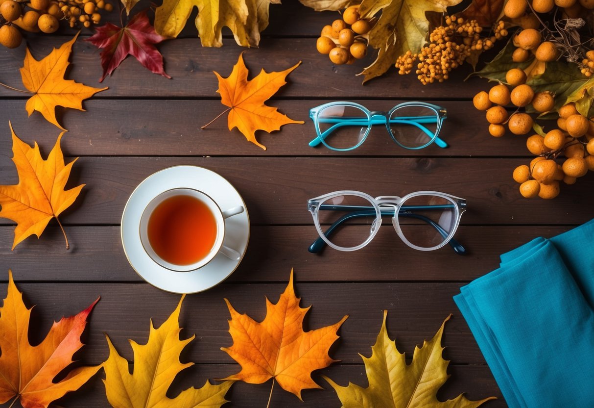 A cozy table with autumn leaves, a cup of tea, and specialized glasses for detailed crafting and hobbies