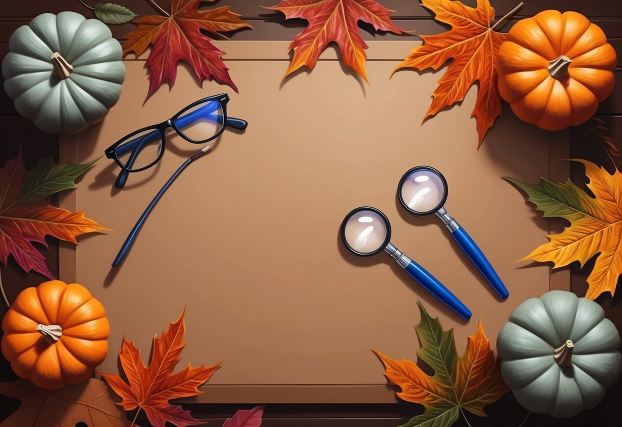 A cozy crafting table with autumn leaves, pumpkins, and specialized glasses for detailed work