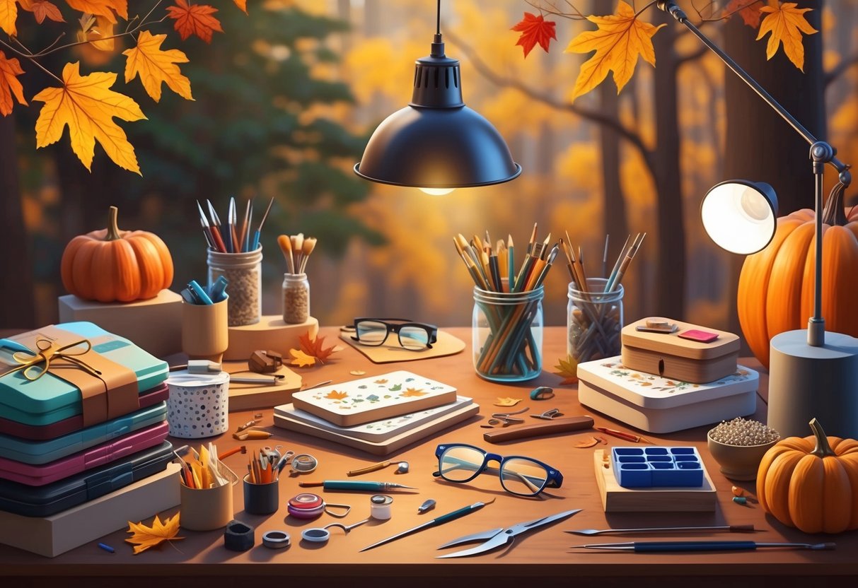 A cozy autumn scene with a table covered in crafting supplies, surrounded by specialized glasses and tools for detailed work