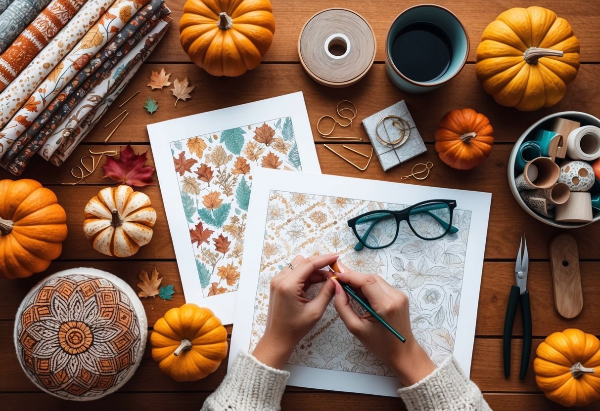 A cozy autumn scene with a table filled with crafting supplies, intricate patterns, and specialized glasses for detailed work