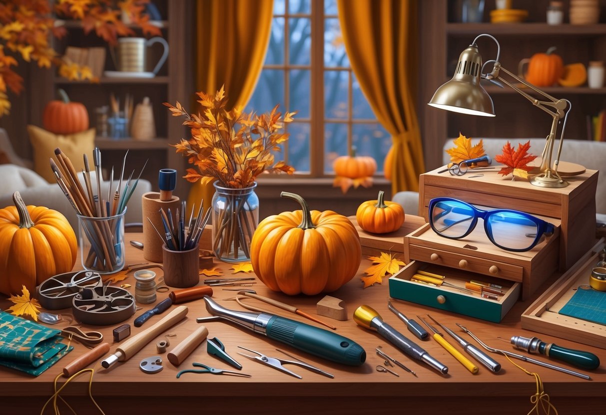 A cozy autumn scene with a table covered in crafting supplies, intricate tools, and a pair of specialized glasses for detailed work