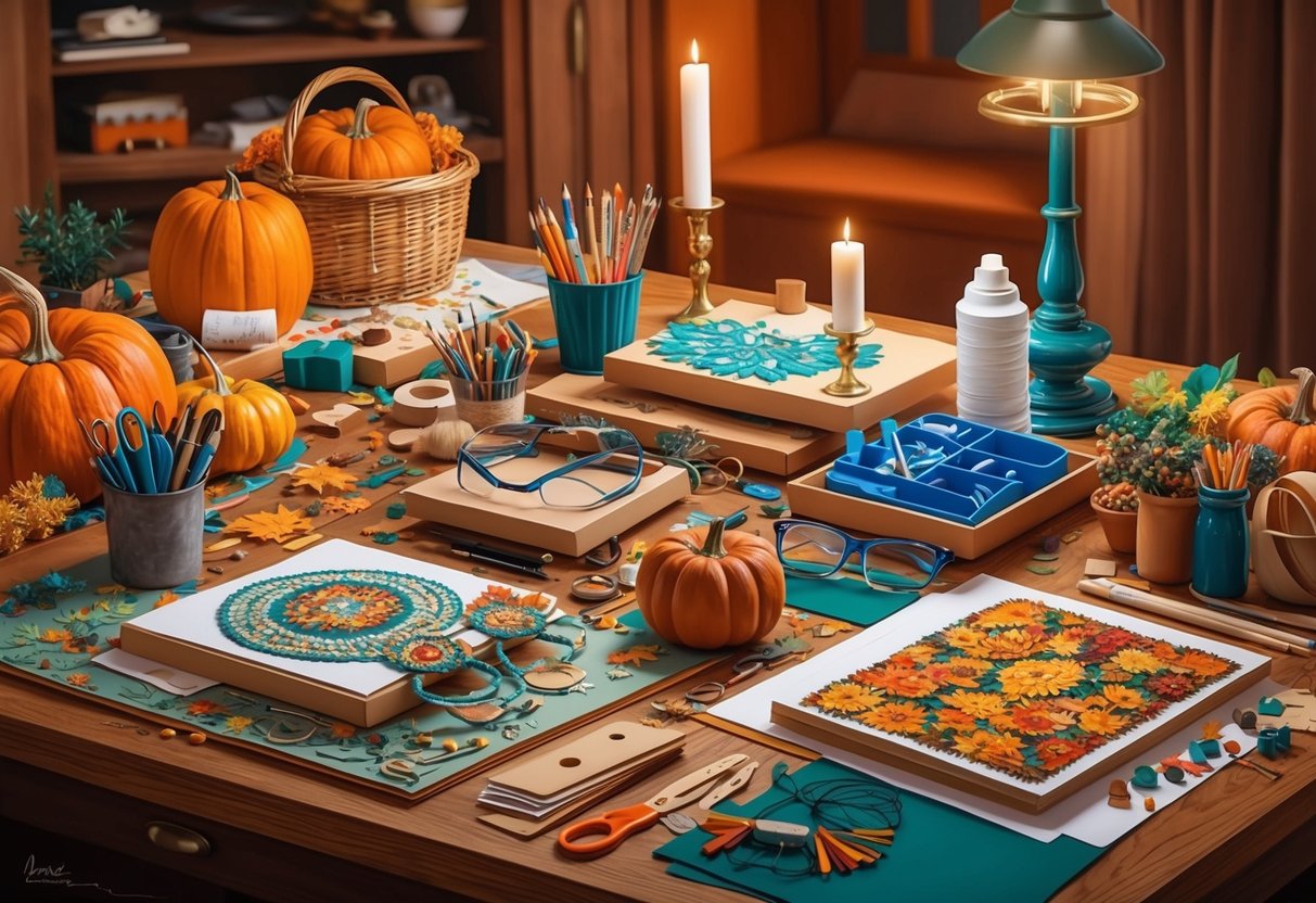 A cozy autumn scene with a table covered in crafting supplies, a pair of specialized glasses, and intricate craft projects in progress