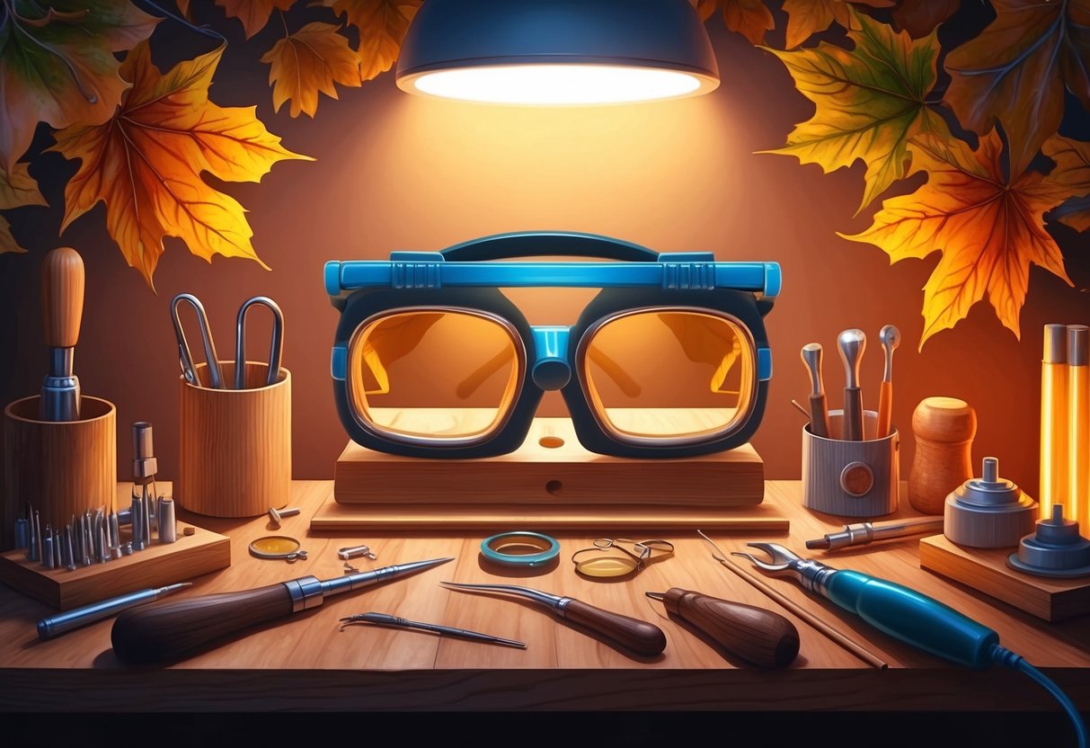 A cozy worktable with specialized glasses, surrounded by autumn leaves and warm lighting, showcasing intricate crafting tools