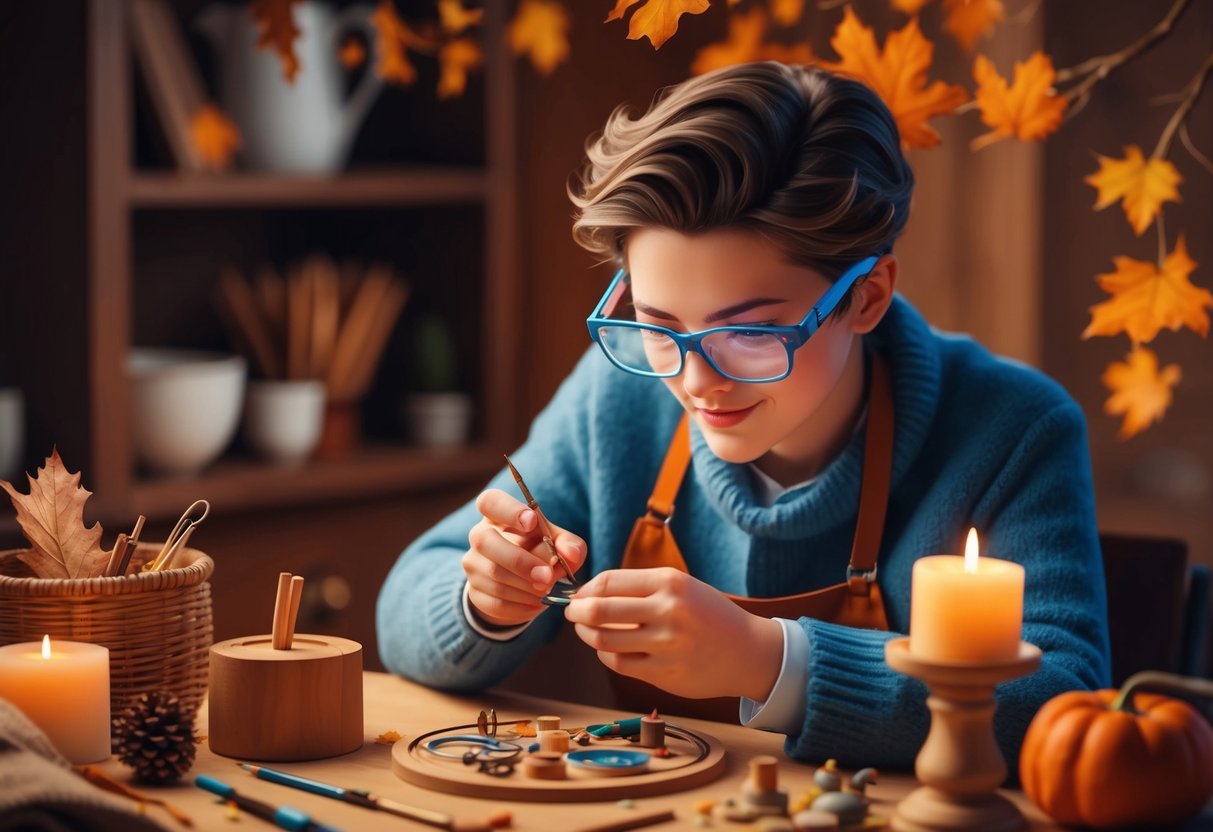 A cozy autumn scene with a person wearing specialized glasses, engrossed in detailed crafting or hobby work