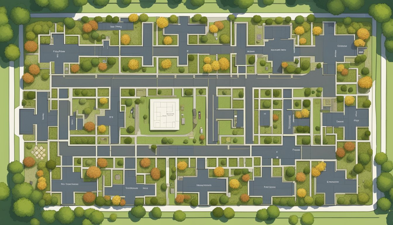 A bird's-eye view of a cemetery plot map template with rows of graves and pathways