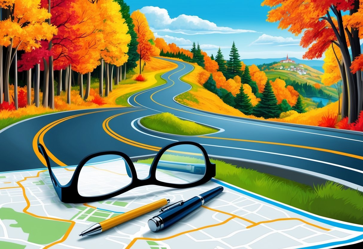 A winding road lined with vibrant autumn trees, a pair of reading glasses resting on a map, and a scenic overlook in the distance