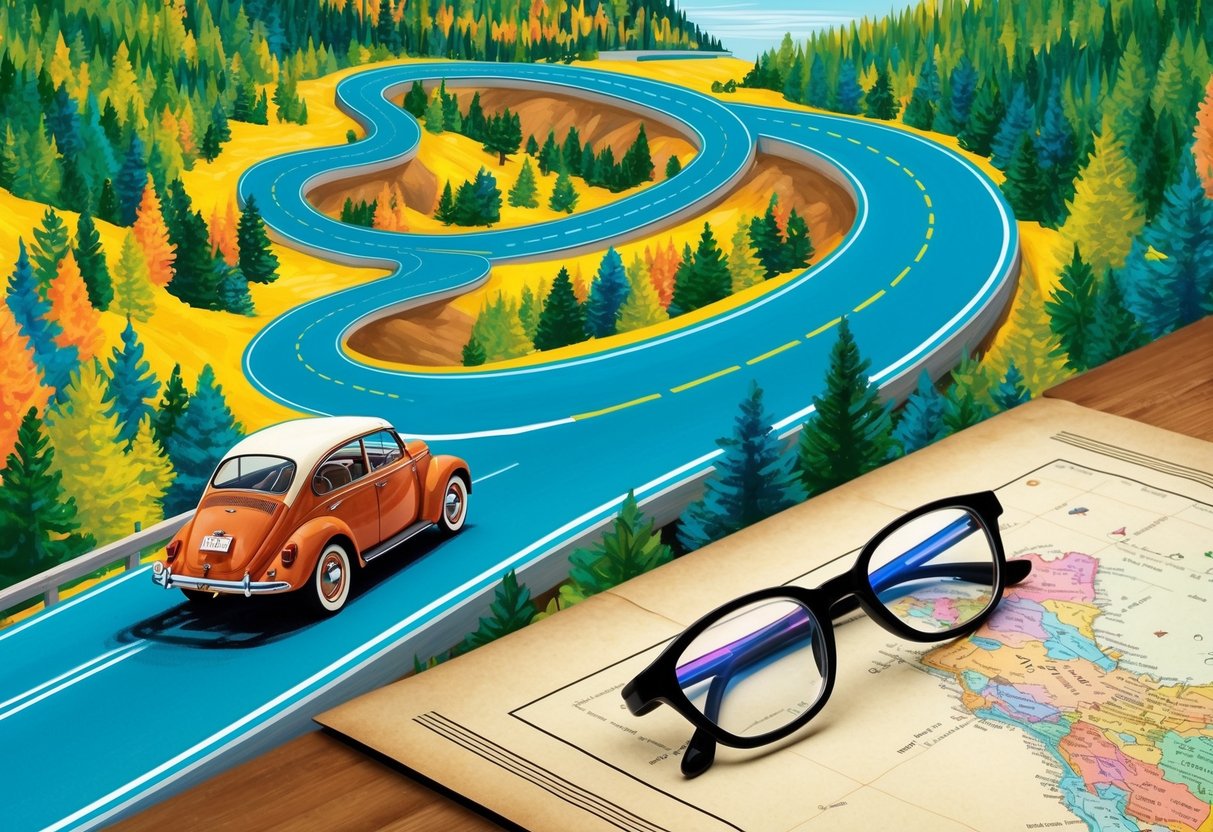 A winding road through a colorful forest, with a vintage car parked at a scenic overlook. A pair of reading glasses rests on an old map