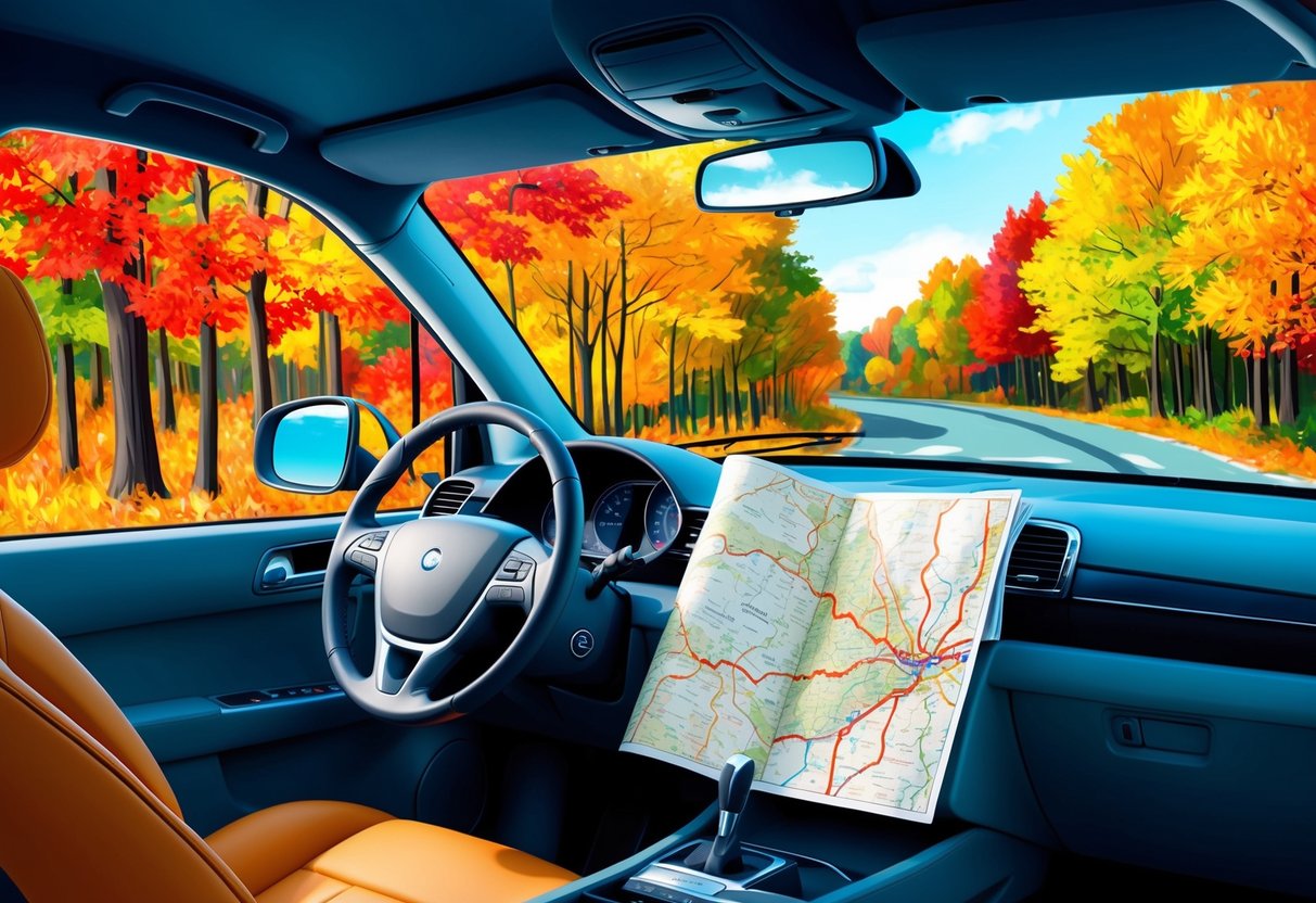 A cozy car interior with a map, reading glasses, and vibrant fall foliage outside the window