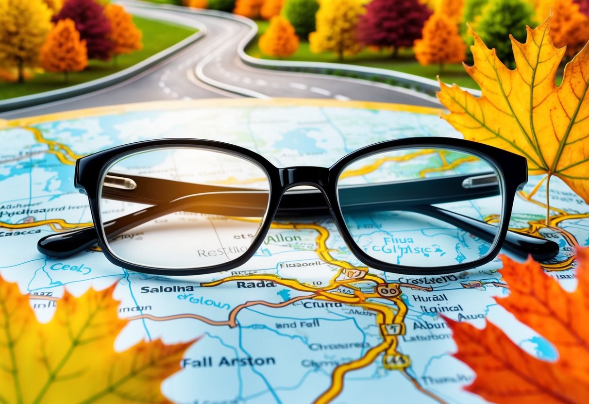 A pair of reading glasses on a map surrounded by colorful fall foliage and a winding road