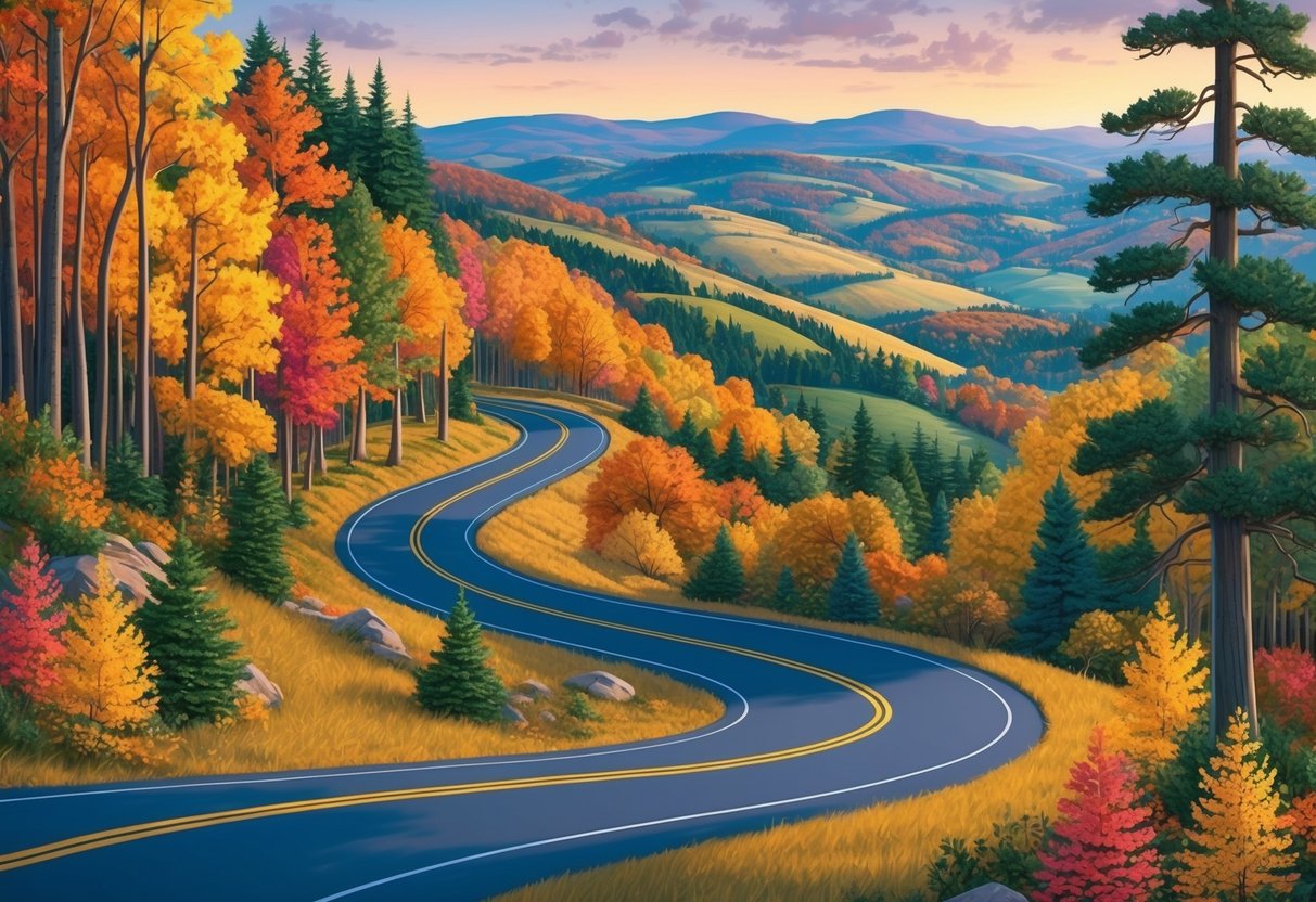 A winding road through a forested landscape with vibrant fall foliage, leading to a scenic overlook with a view of rolling hills and colorful trees