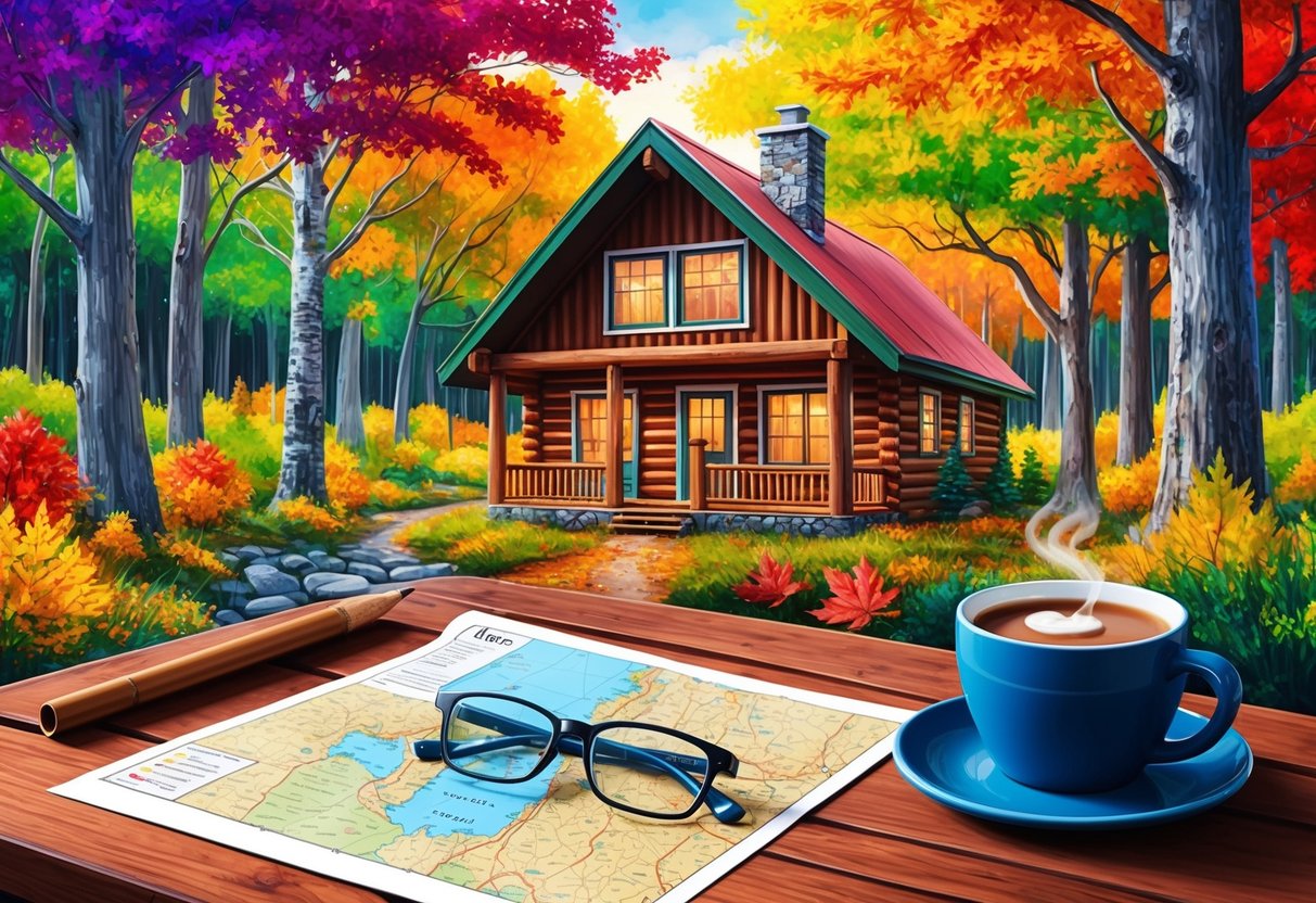 A cozy cabin nestled among vibrant autumn trees, with a map, reading glasses, and a hot drink on a wooden table