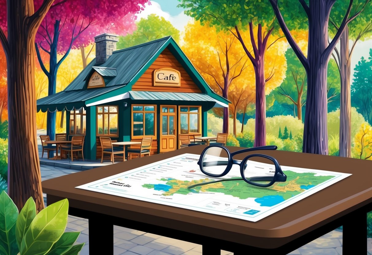 A cozy cafe nestled among colorful trees, with a map and reading glasses on a table, inviting travelers to take a break and plan their scenic stops