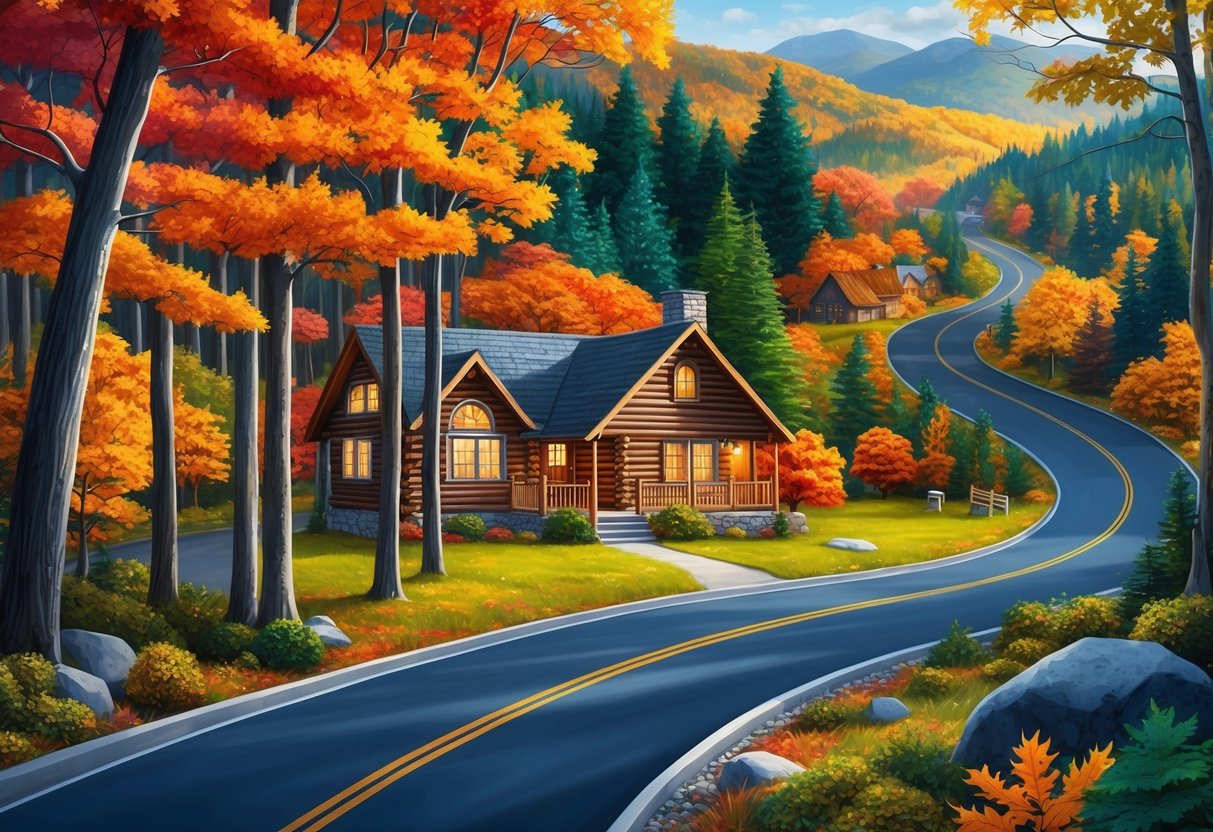 A cozy cabin nestled in a forest, surrounded by vibrant autumn foliage and a winding road leading to scenic stops