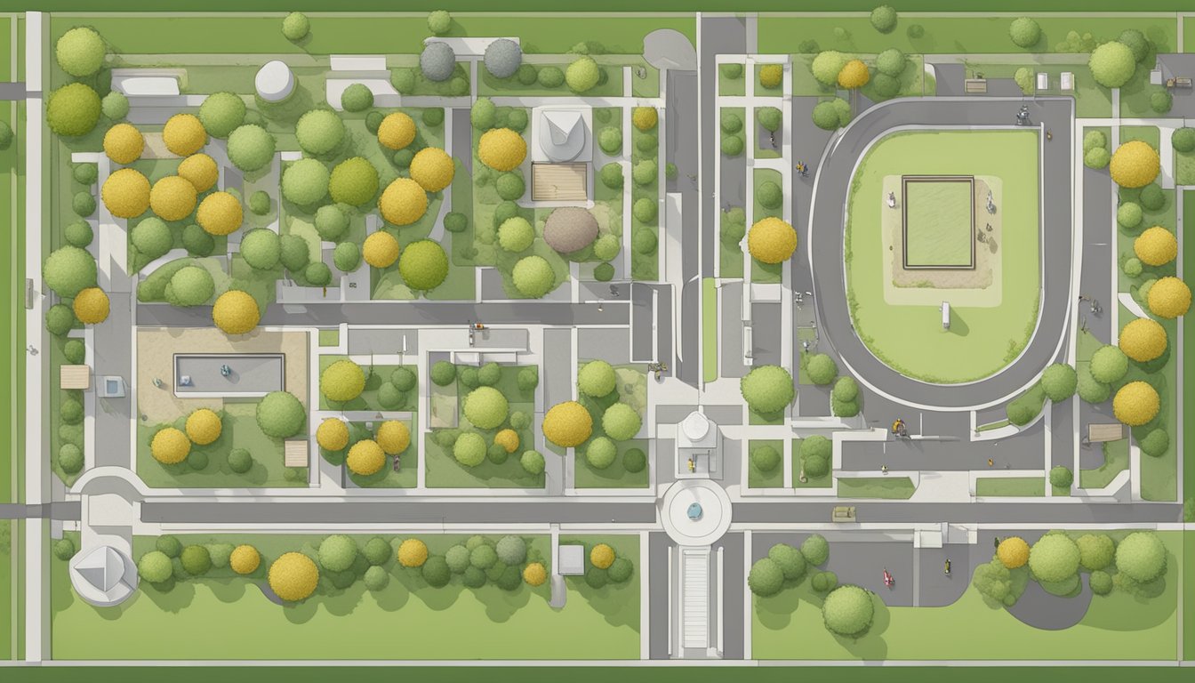 A cemetery plot map template with various sections, paths, and landmarks