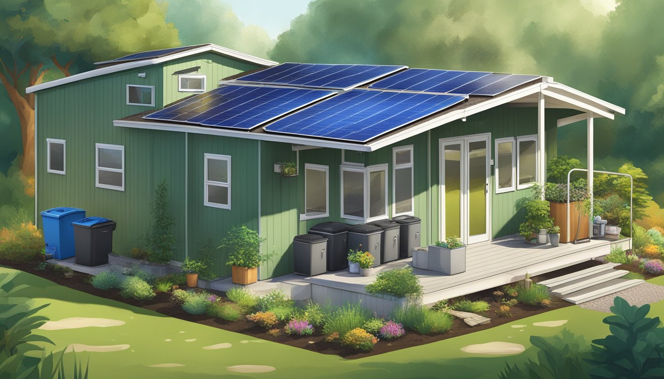 A double wide mobile home surrounded by lush greenery and solar panels, with a composting bin and rainwater collection system in the yard