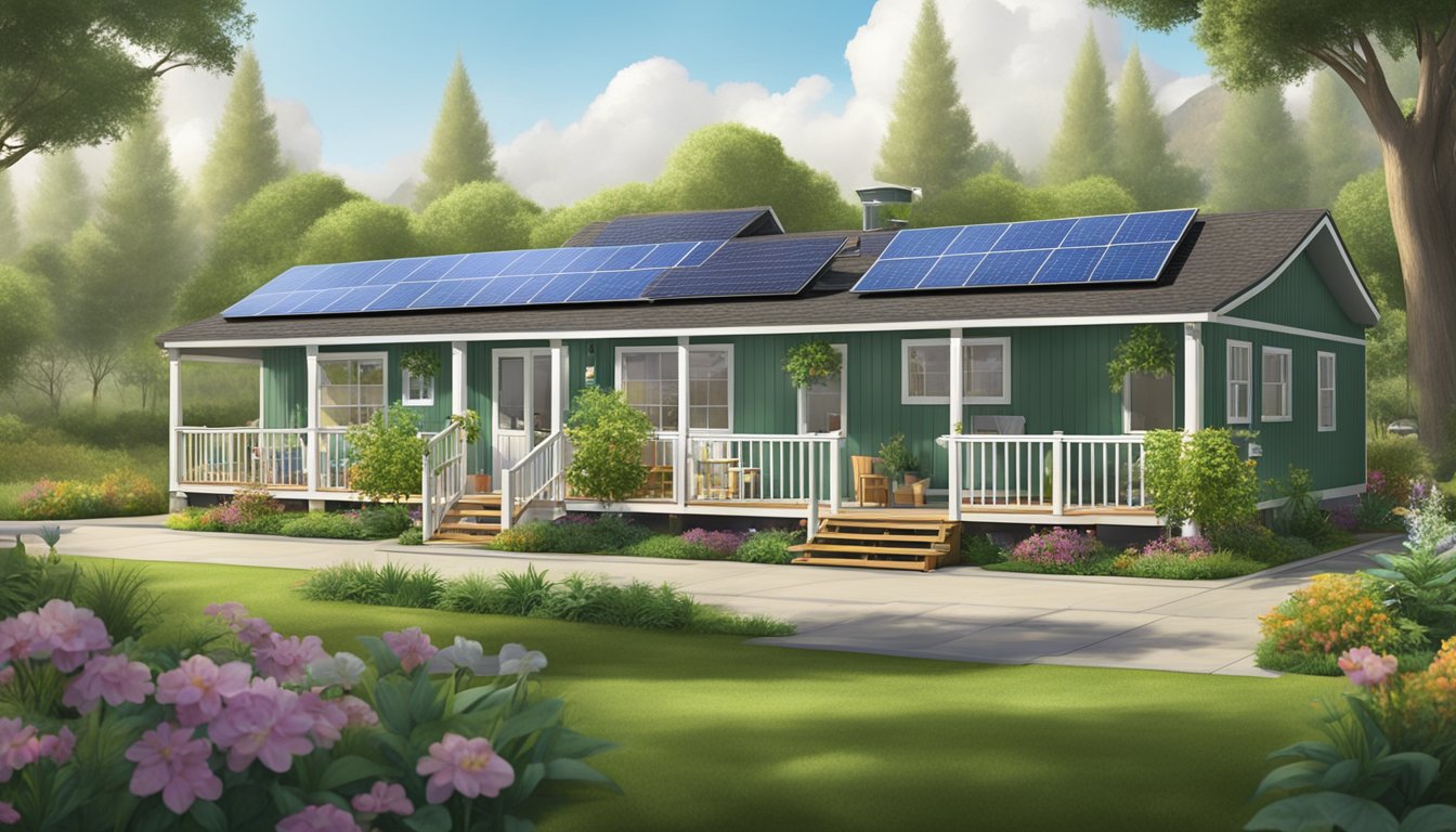 A double wide mobile home sits on a lush, green lot, surrounded by solar panels and a rainwater collection system. The home features customizable options and eco-friendly materials