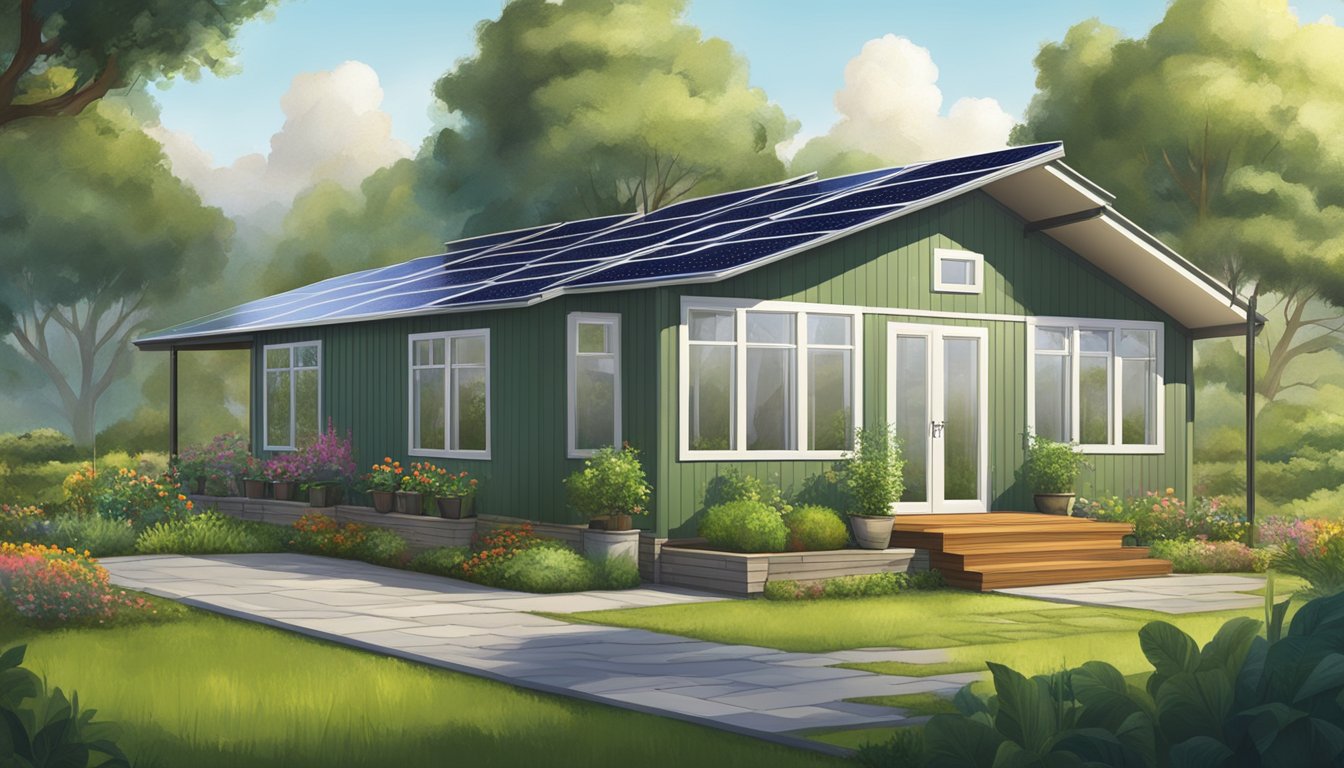 A double wide manufactured home nestled in a lush, green landscape with solar panels on the roof, a rainwater collection system, and a vegetable garden