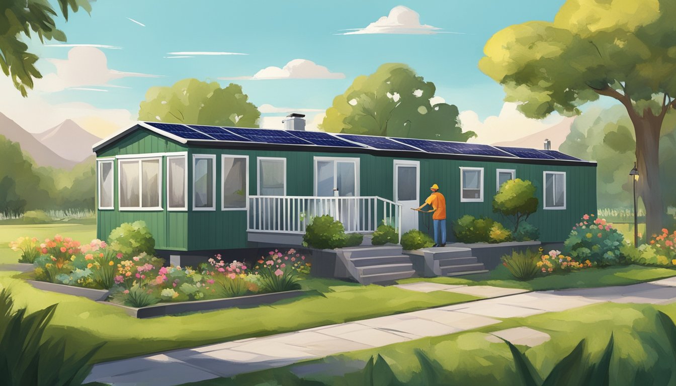 A double wide mobile home sits on a lush green lot, surrounded by solar panels and a small garden. A maintenance worker paints the exterior while another repairs the roof