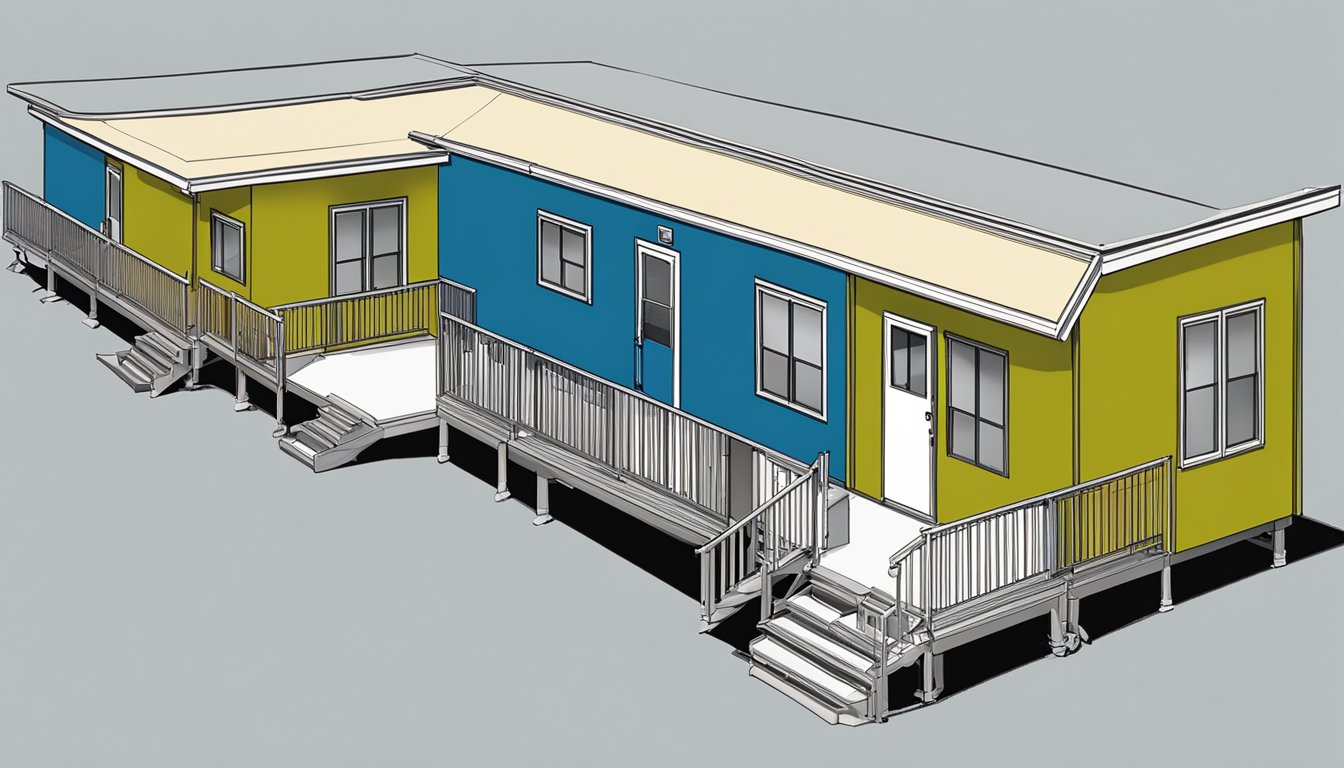 A double wide mobile home with wheelchair ramps, widened doorways, and accessible parking spaces