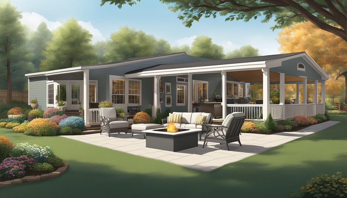 A spacious outdoor living area for a double wide, featuring a covered patio, comfortable seating, a fire pit, and lush landscaping