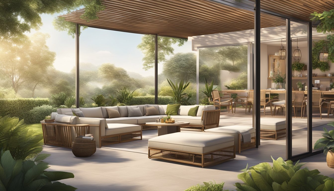 A spacious outdoor living area with a selection of comfortable furniture for double wides, surrounded by lush greenery and bathed in warm sunlight