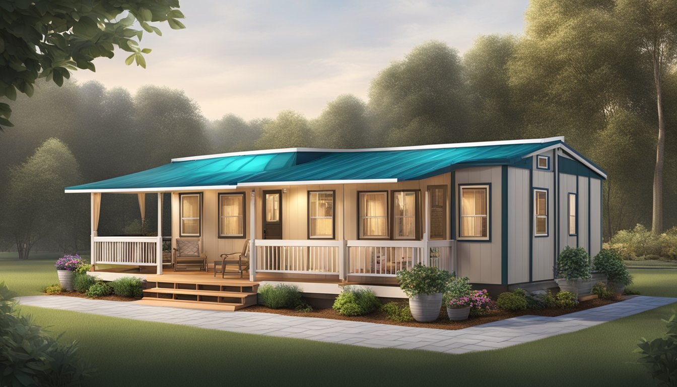 A double wide mobile home with a spacious outdoor living area featuring a large shade structure, comfortable seating, and potted plants