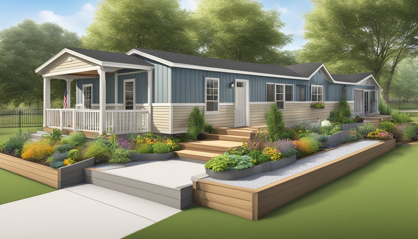 A double wide mobile home with ramp, widened doorways, and accessible pathways leading to outdoor features such as a raised garden bed and covered seating area