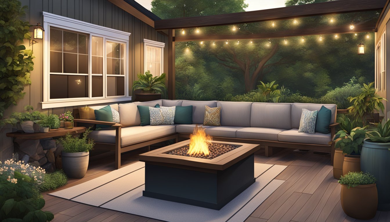 A cozy double wide with a spacious outdoor living area, complete with comfortable seating, a fire pit, and lush greenery creating a tranquil oasis