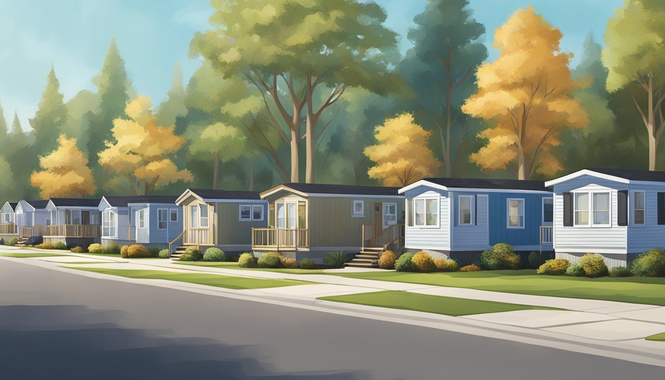 A row of double wide mobile homes lined up in a suburban neighborhood, surrounded by trees and with a clear blue sky in the background