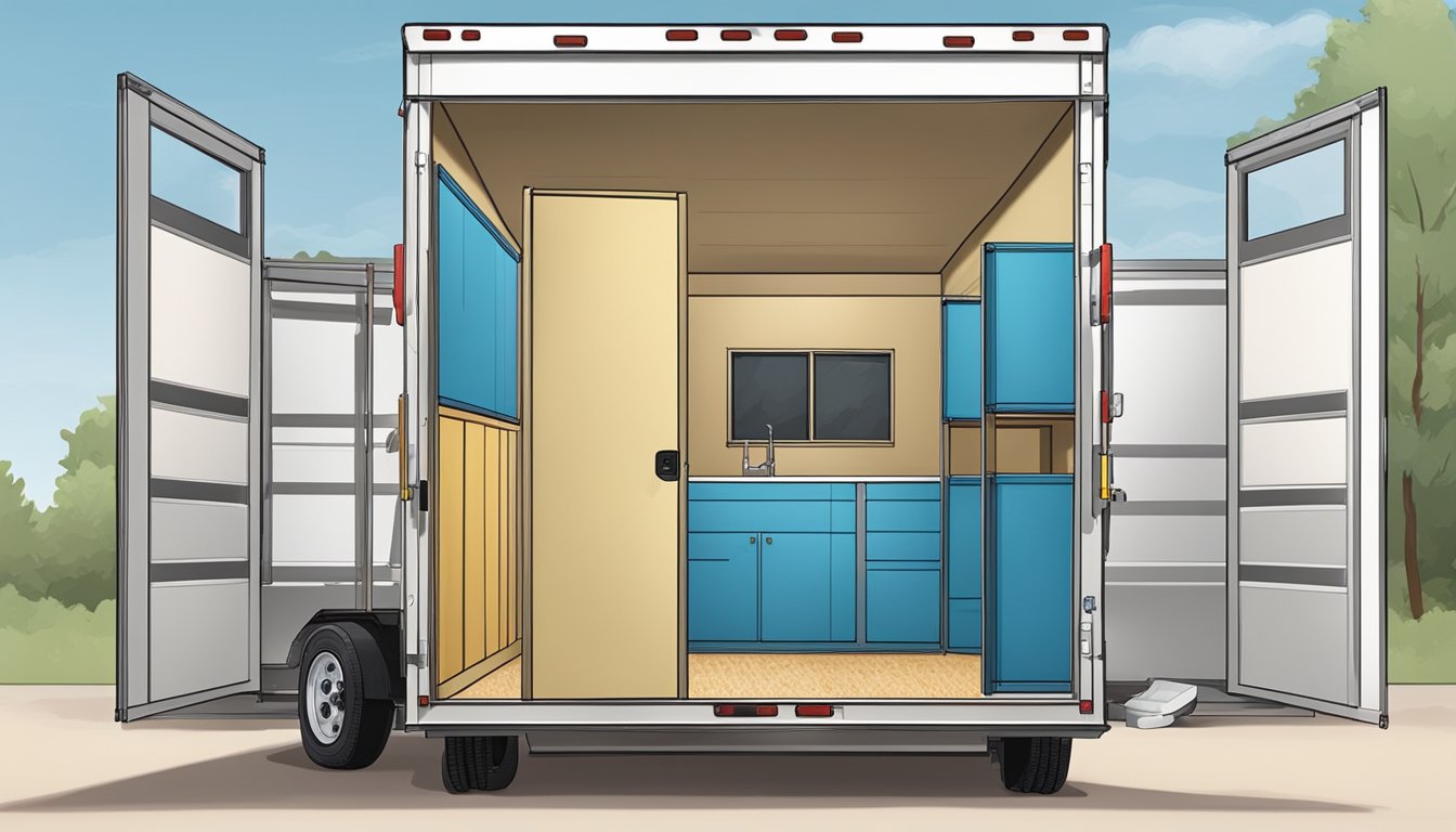 A double wide trailer with soundproofing materials being installed on the walls and ceiling, including foam panels, acoustic insulation, and weather stripping around doors and windows