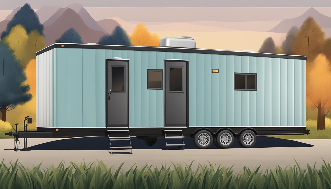 A double wide trailer with soundproofing materials such as acoustic foam panels, weather stripping, and heavy curtains