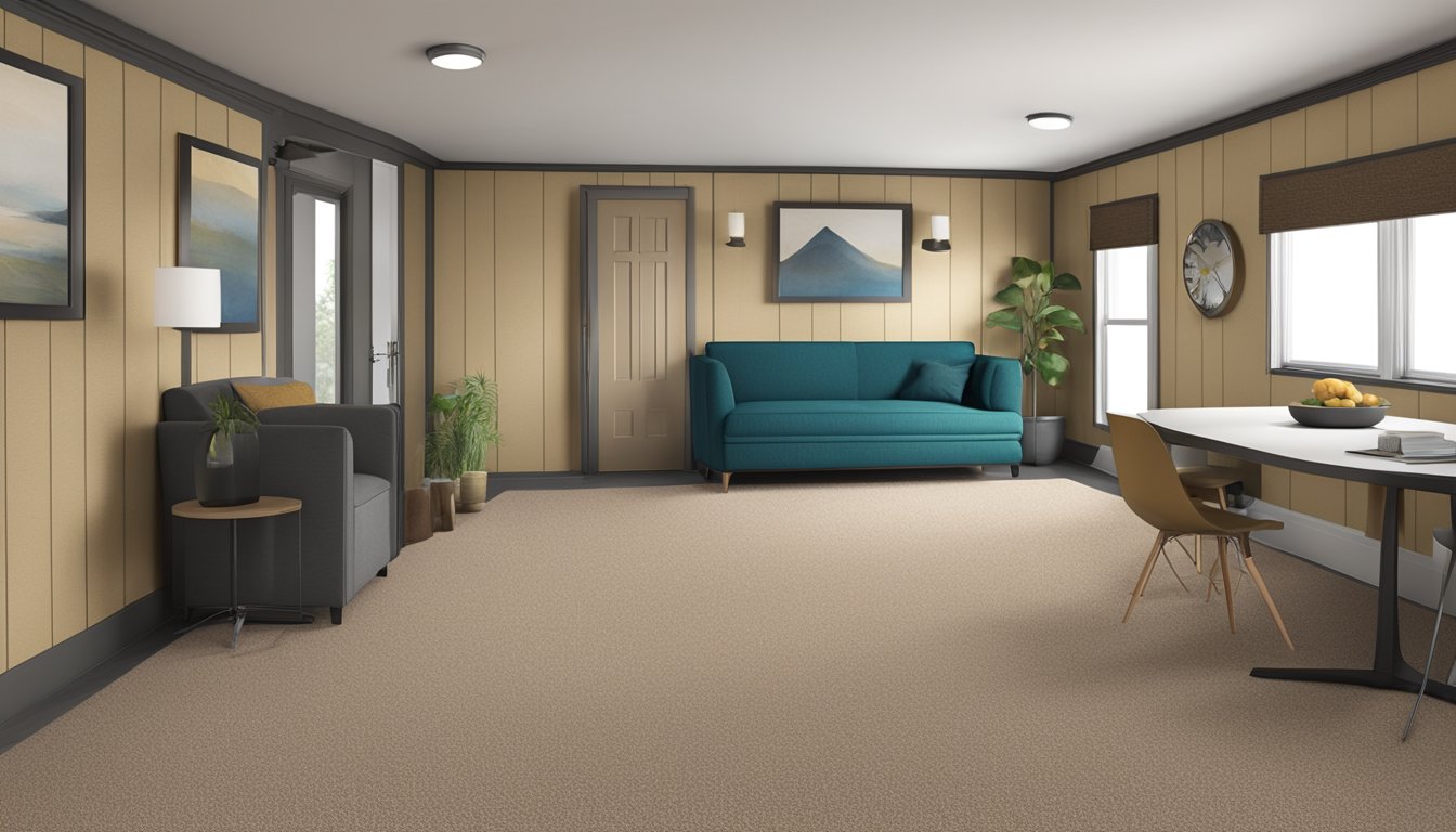 A double wide mobile home with thick carpeting, soundproof underlayment, and acoustic panels on the walls for effective soundproofing