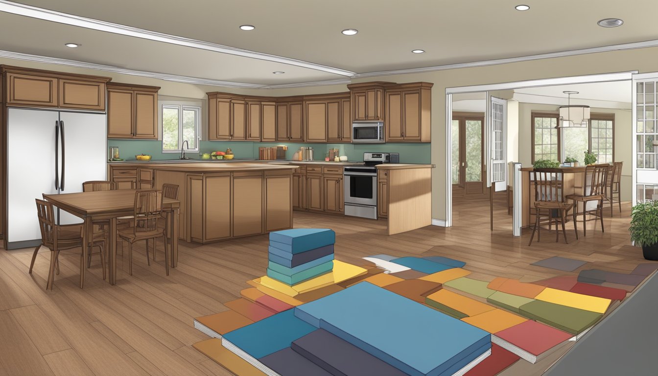 A spacious double wide home with various flooring options displayed, including hardwood, laminate, tile, and carpet. Each section is labeled with its respective material