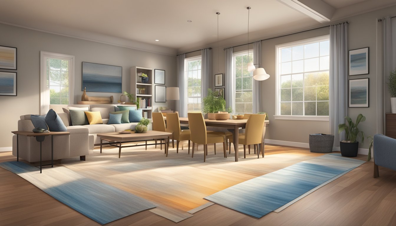 A spacious double wide home with various flooring samples laid out for evaluation. Light streams in through the windows, illuminating the different textures and colors available