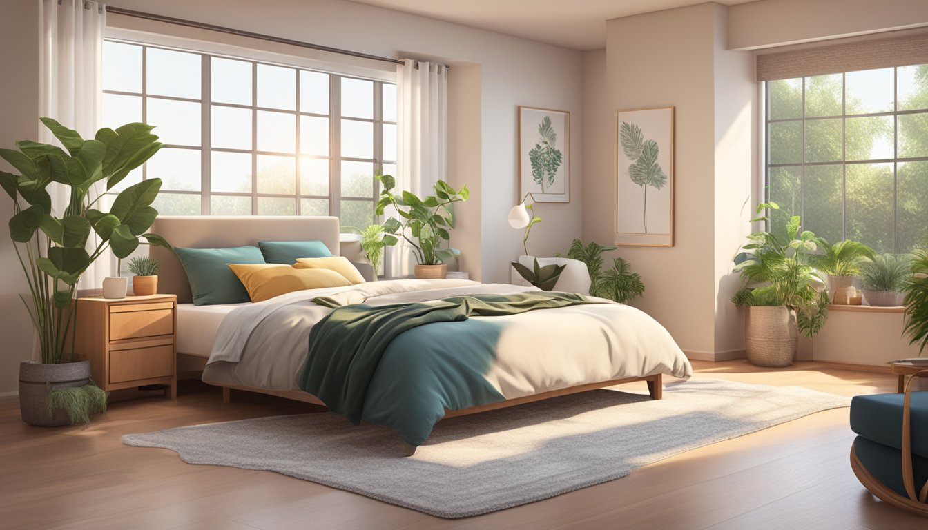 A cozy bedroom with a spacious double bed, soft pillows, warm blankets, and a plush rug. A large window lets in natural light, and a potted plant adds a touch of greenery