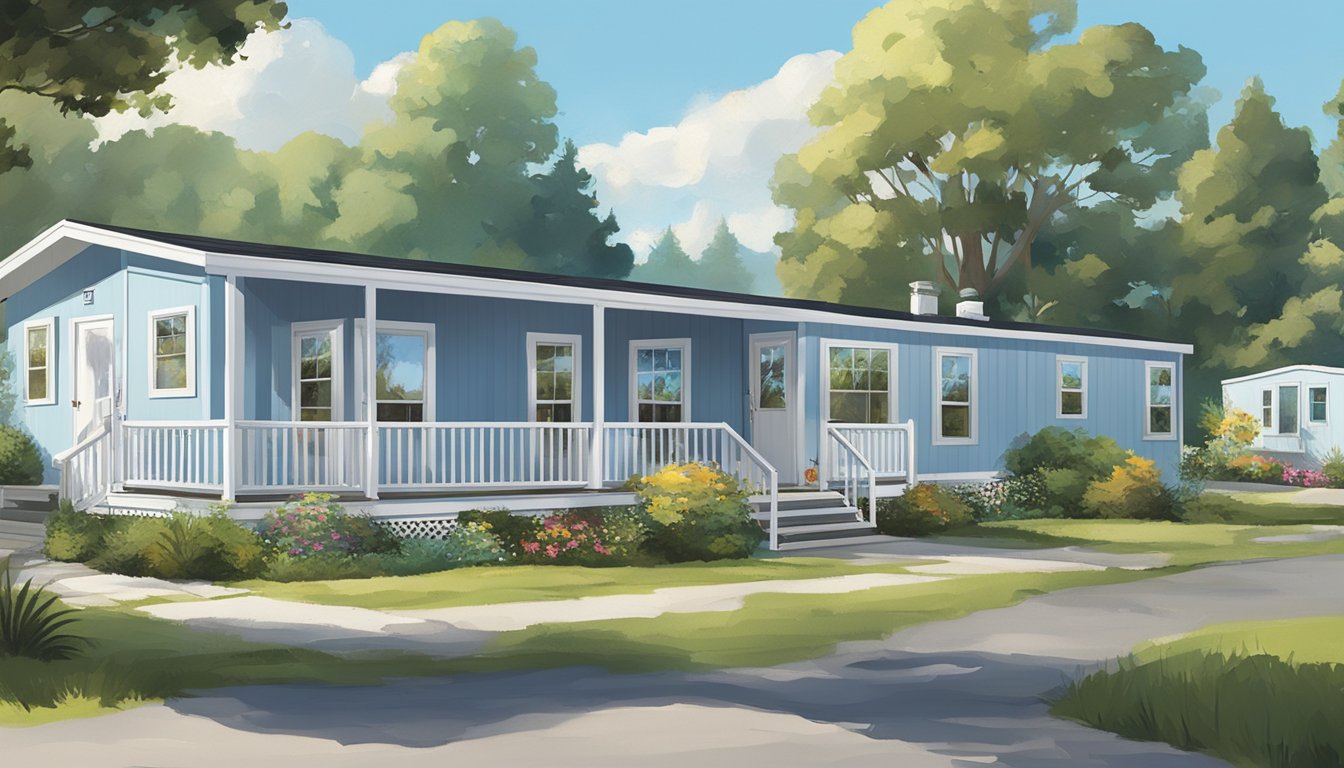 A double wide mobile home sits on a spacious property, surrounded by greenery and under a clear blue sky. A "For Sale" sign is visible, indicating the potential benefits of owning such a property