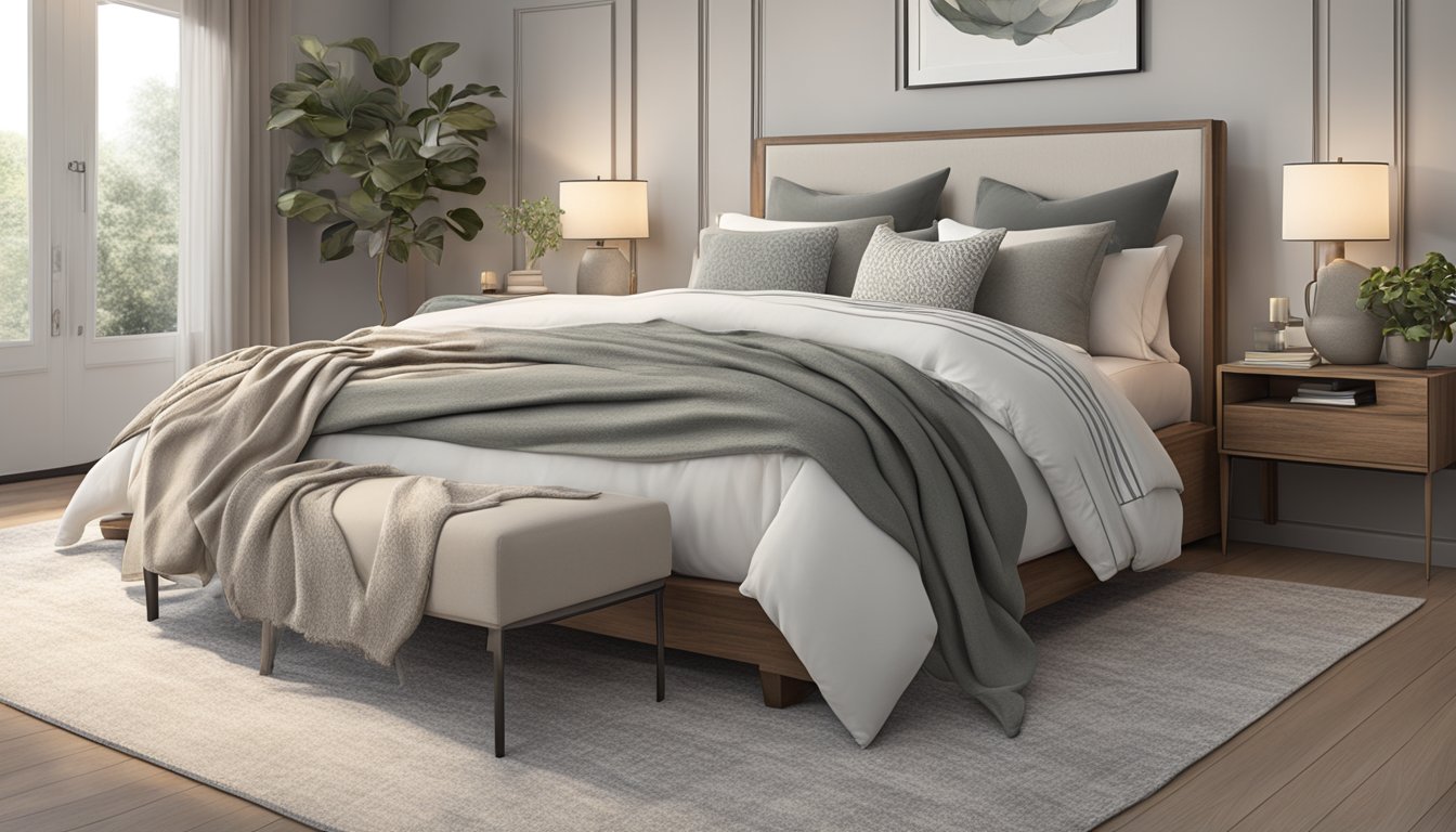 A cozy, double-wide bedroom with plush bedding in calming neutral tones, accented with throw pillows and a soft, textured blanket