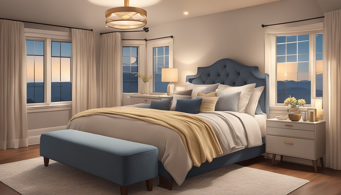 A cozy bedroom with soft, plush bedding, warm lighting, and personalized decor accents