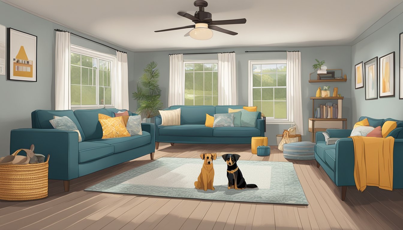 A cozy double wide with pet-friendly features: a spacious living area with durable flooring, pet beds, and toys scattered around