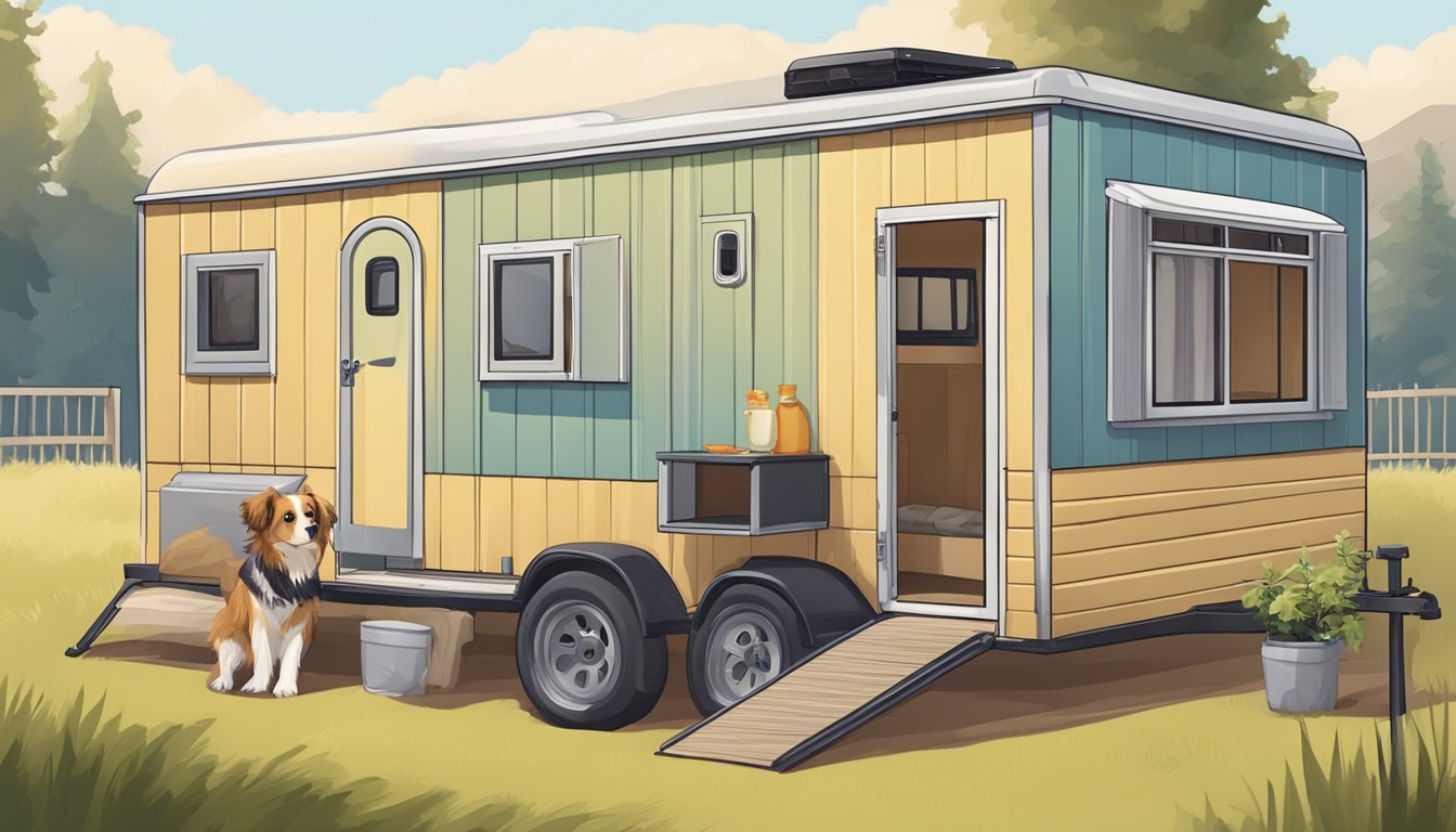 A cozy double wide trailer with pet-friendly features: a built-in pet bed, designated feeding area, and plenty of open space for pets to roam