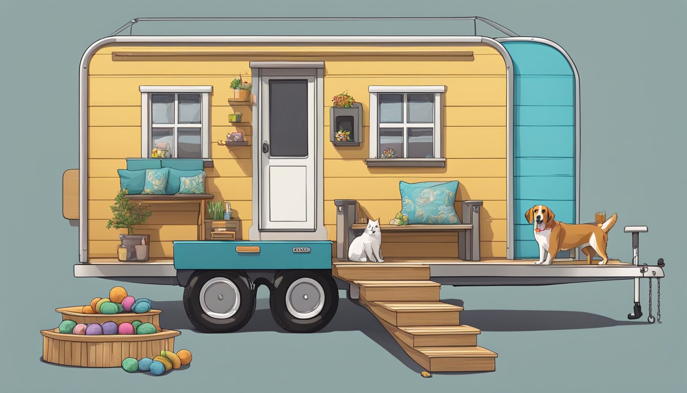 A cozy double wide trailer with pet-friendly features: a large dog bed, a cat tree, and a shelf filled with pet toys and treats