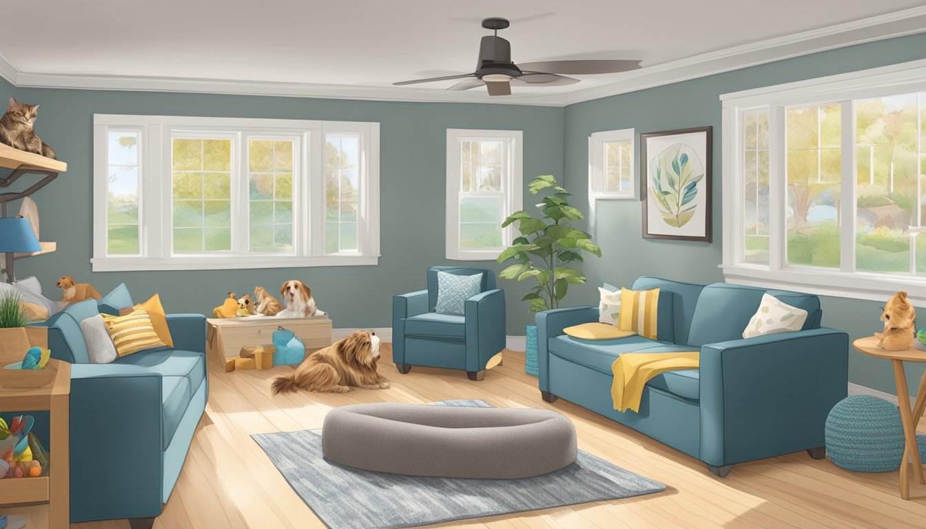 A spacious double wide with pet-friendly features: durable flooring, designated pet areas, and easy-to-clean surfaces. A cozy pet bed sits in the corner, surrounded by pet toys and a feeding station